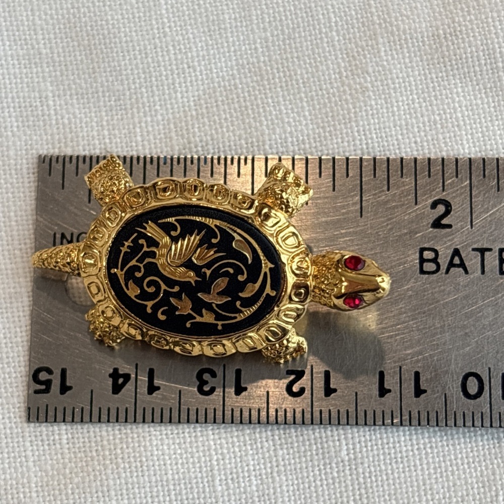 Damascene Turtle Brooch Etched Black Gold Birds & Flowers Toledo Spain 1.5" - Picture 8 of 9
